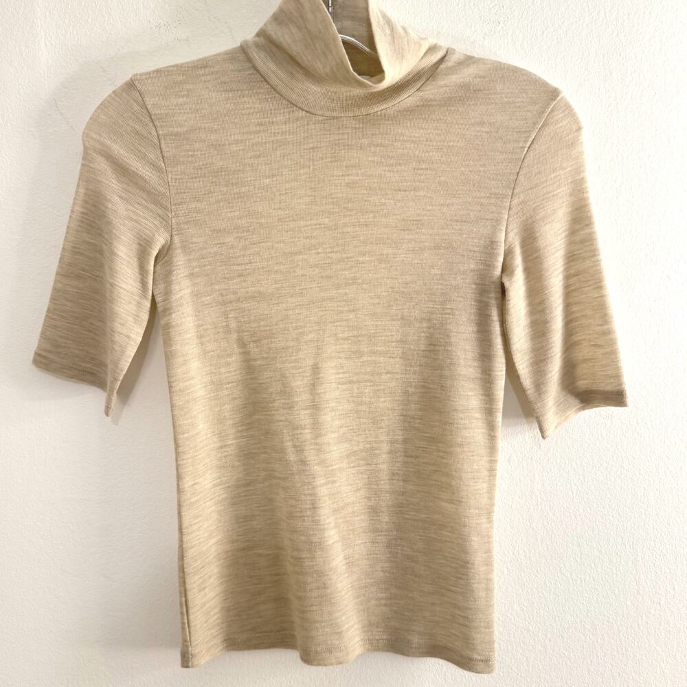 Vince 100% Wool Elbow Sleeve Turtleneck Top Oatmeal Beige Sesame XXS Luxury